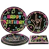 Picture of Glow Neon Party Supplies - Glow in the Dark Happy Birthday Plates and Fluorescent Napkins for Blacklight Neon Party Decorations, Serves 20 Guests (1)