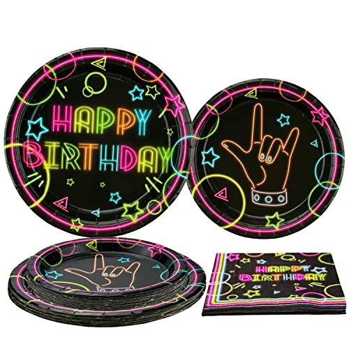 Glow Neon Party Supplies - Glow in the Dark Happy Birthday Plates and Fluorescent Napkins for Blacklight Neon Party Decorations, Serves 20 Guests (1)