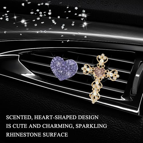 Image of 2 PCS Bling Car Vent Clip, Crystal Rhinestone Cross and Heart Car Air Fresheners Vent Clips, Diamond Car Air Conditioner Outlet Decoration Charm for Women, Car Accessories (Purple)