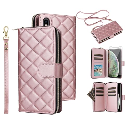 Étui portefeuille iPhone Xs Max en cuir PU rose avec vitre en verre trempé