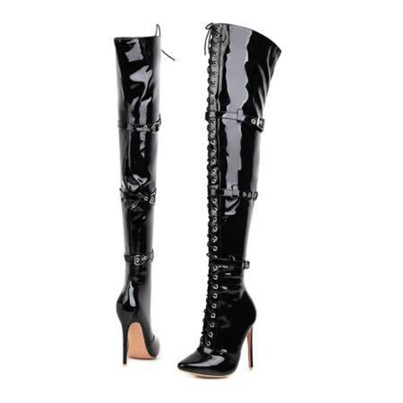12CM/4.72IN Cintura Fibbia Punta Tacco Alto Stivali Sexy Nightclub sopra Il Ginocchio Stivali Vernice Stivali a Spillo in Pelle per Le Donne