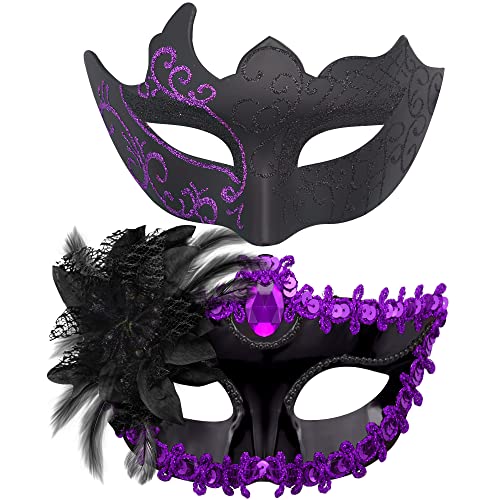 SIQUK Lot de 2 masques vénitiens pour homme et femme - Pour Halloween, carnaval, fête - Noir et violet
