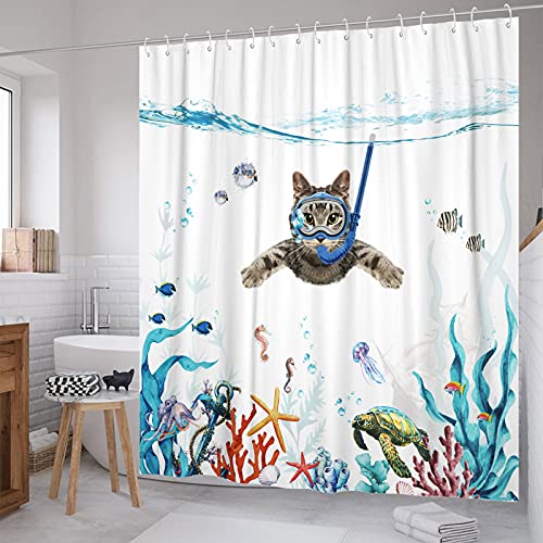 Fowocu Funny Cat Shower Curtain Set Teal Blue Sea Ocean Waterproof Fabric Curtains with Animal Octopus Starfish Turtle Anchor Fish Nautical Bathroom Decor (Blue, 72''×72'')