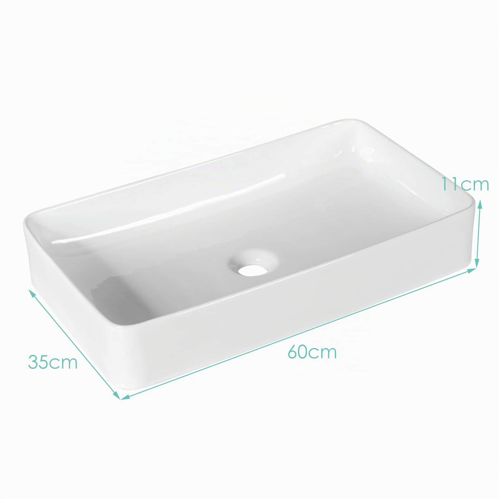 LIFEZEAL Lavandino Bagno, Lavabo da Appoggio, 60 x 35 x 11 cm, Lavabo Bagno, Glassa in Porcellana, Rettangolare, Scarico Escamotable, Ideale per Casa Ristorante e Hotel, Bianco