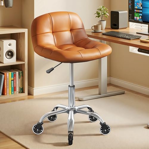 Image of Rolling Stool Chair with Wheels, Height Adjustable Stool with Back Support, Office Drafting Chair with PU Leather Cushion for Home Office Kitchen Vanity Salon Garage Tattoo Dentist Esthetician(Camel)