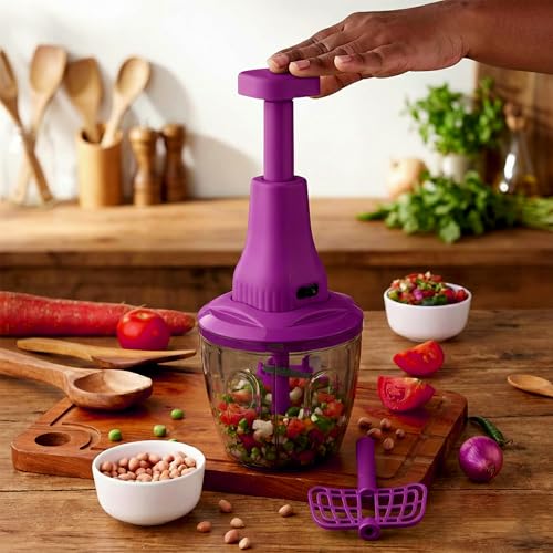 Image of Chopper for Kitchen Use | 1100 ml Round Manual Push Chopper with 5 Blades and Whisker | Chopping Vegetables & Fruits, Onion, Ginger, Garlic, Salad, Tomato, Potato (Purple)