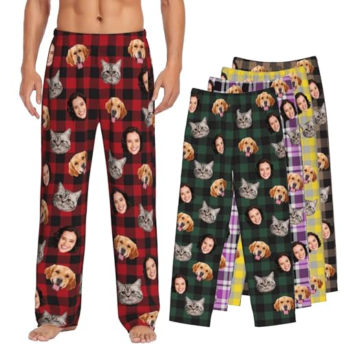 Custom Pet Photo Pajama Pants for Men Women,Personalized Dog Cat Face Print PJ Bottoms for Family Christmas - Main Image
