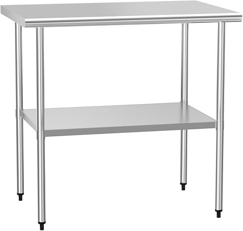 Mesa de preparación y trabajo de acero inoxidable con estante ajustable y salpicadero, isla de cocina con almacenamiento, estaciones de trabajo