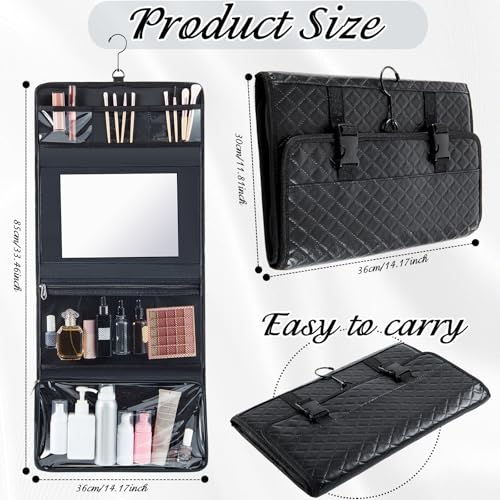 Travel Hanging Toiletry Bag with Mirror Leather Travel Hanging Mirror Foldable Dance Competition Makeup Bag Backstage Cosmetic Organizer for Traveling Dancers Artists Home Spa(Black)2