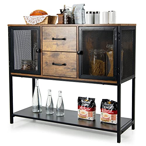 Loko Industrial Buffet Cabinet, Rustic Kitchen Sideboard Storage Cabinet With Metal Mesh Doors And Drawers, Retro Credenza Storage Cabinet With Open Shelf, 39.5 X 14 X 33.5 Inches #TOP24
