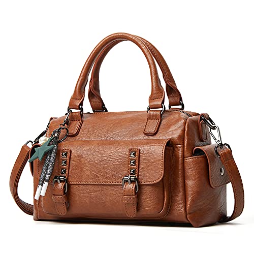 PORRASSO Retro Handtasche Damen Umhängetaschen Frauen Schultertaschen mit Anhänger Wasserdicht PU-Leder Henkeltasche Arbeit Reise Verabredung Boston Tasche Braun Cover