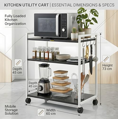 Image of Microwave Stand with Storage & Wheels | Heavy Duty 3-Tier Kitchen Rack for Oven, Appliances, Spices & Utensils | Multipurpose Rolling Trolley | Space Saving Organizer for Kitchen & Home