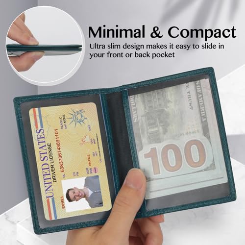 Image of Unaone Slim Minimalist Wallet - Premium Leather RFID Blocking Front Pocket Wallets with 8 Card Slots and 2 ID Window, Drak Green