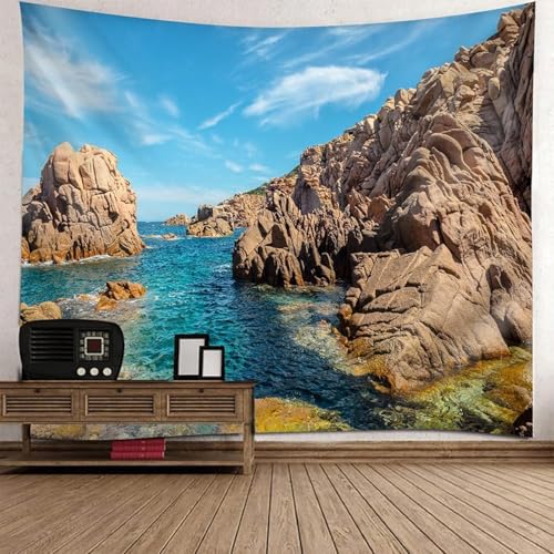Tapiz Piedra del Océano Tapiz Decorativo Pared Paisaje Azul Colgar de Pared 3D Tapices para Tapestry Decoración para Dormitorio Sala de Estar 130x150 cm a-435