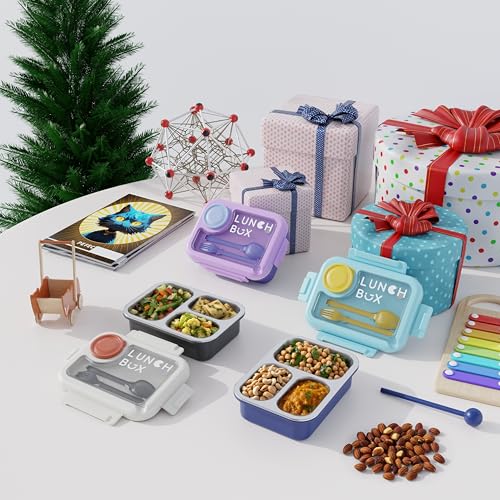 Image of 3 Compartment Stainless Steel Lunch Box for Kids & Adults, Steel Bento Tiffin with Cutlery, Leakproof BPA Free Lunch Container for School Office Travel (Blue)