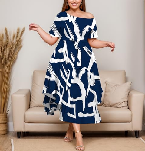 Image of Plus Size Women Wedding Guest Dress Off Shoulder Boat Neck Irregularly Flowy Midi Church Dress