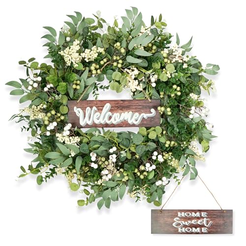Artificial Eucalyptus Leaf, Boxwood Wreath with Berries, 24 Inches, Indoor/Outdoor,
