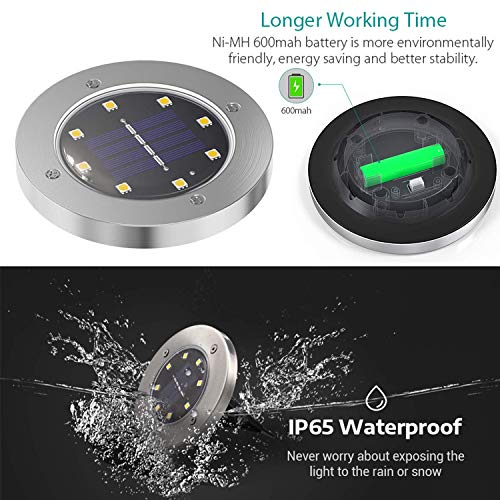 Solar Ground Lights, Outdoor Solar Powered Garden Lights 8 LED, Disk Lamp Waterproof In-Ground Landscape Path Lighting for Yard Lawn Patio Walkway, Cool White - Thumbnail 7