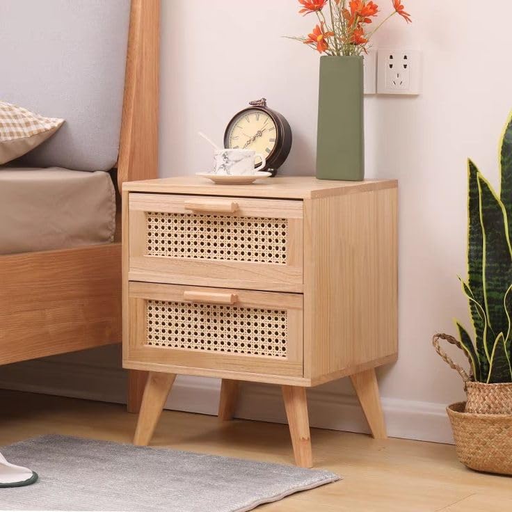 Solid Wood Bedside Table with 2 Drawers & Rattan Design | Modern Nightstand for Bedroom | Wooden Side Table for Living Room | Storage End Table | Natural Finish-image-36