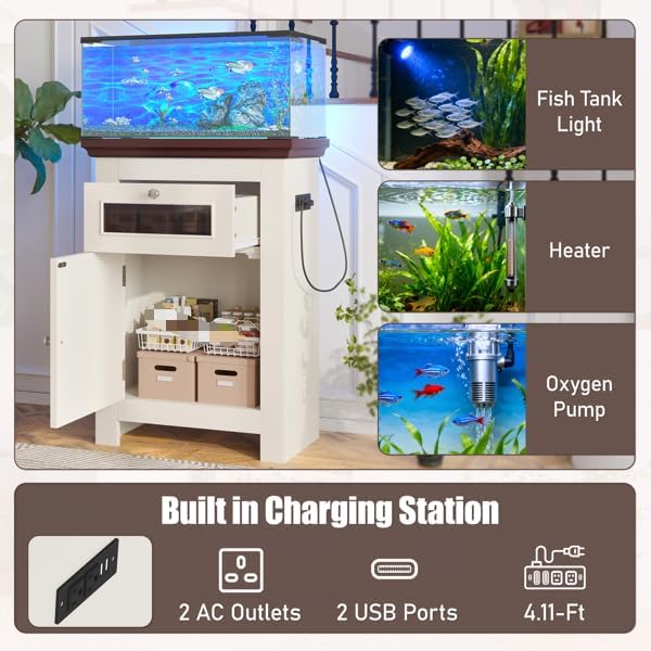 20 Gallon Fish Tank Stand with Power Outlet & USB Ports, Farmhouse Style Aquarium Stand with Adjustable Shelf, Reptile Terrarium Stand,Easy Setup, Aquarium Cabinet, Organization for Pet Supplies