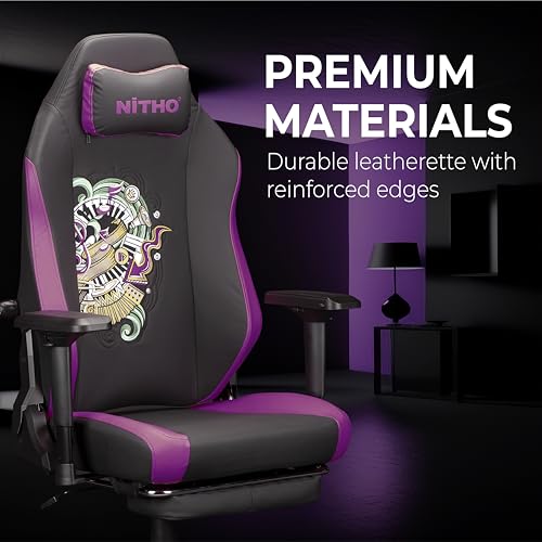 Image of NiTHO FORGE Gaming Office Chair | Ergonomic Reclining Computer Chair with Magnetic Headrest, Foldable Footrest, Adjustable Lumbar Support, 4D Armrests, Swivel Chair for Work or Study, Black & Violet