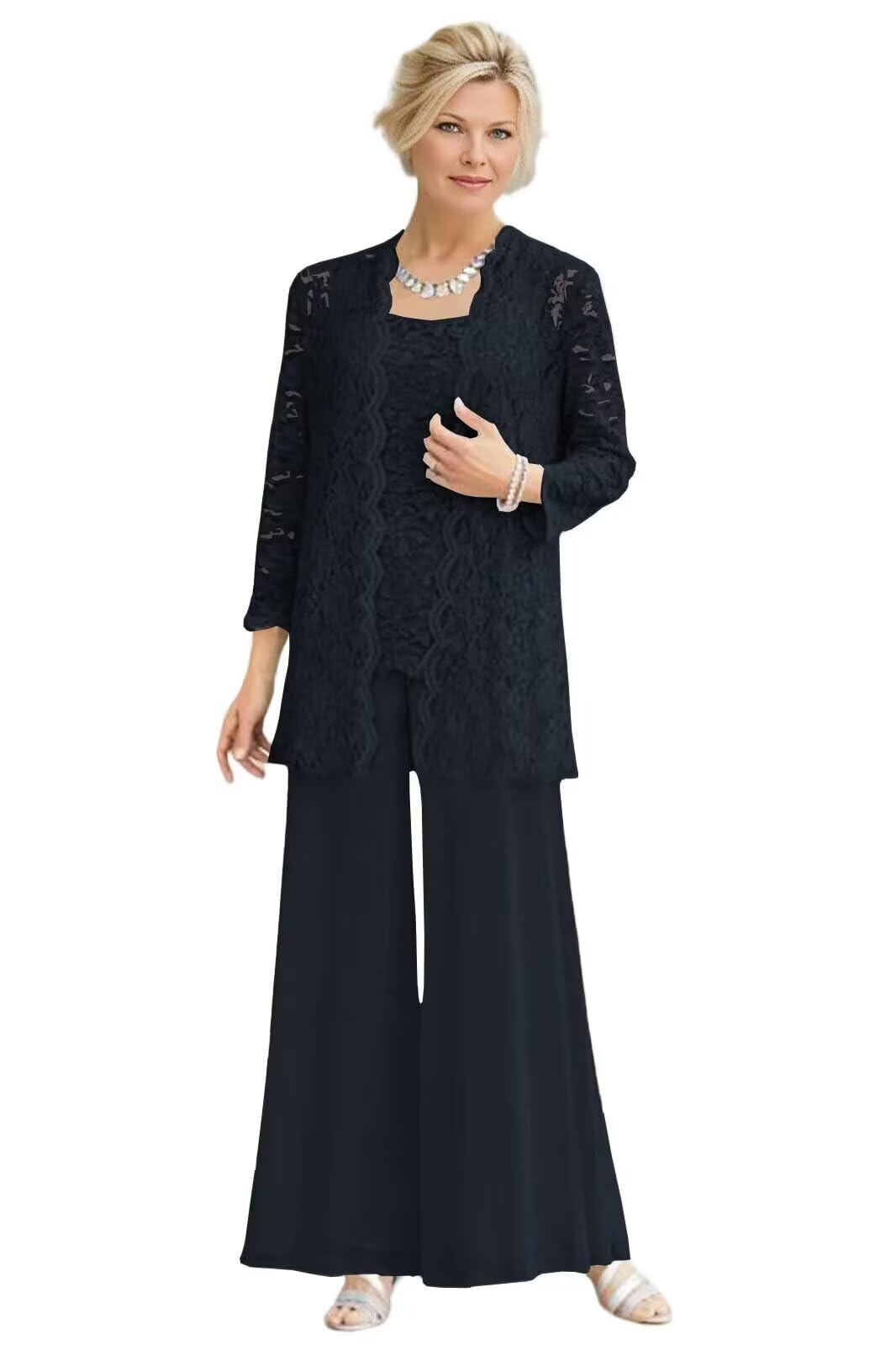 3 Pieces Mother of The Bride Pant Suits for Women Lace Applique Formal Wedding Gust Pantsuits with Jacket