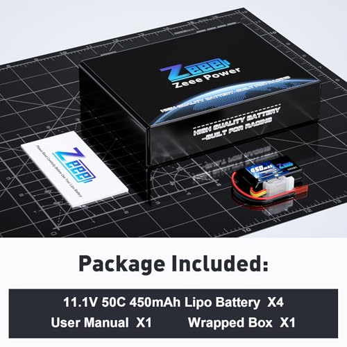 Zeee 3S 450mAh Lipo Battery 11.1V 50C RC Battery with JST Plug for FPV Drone Quadcopter UAV Racing Helicopter Airplane RC Boat RC Car RC Models(4 Pack)