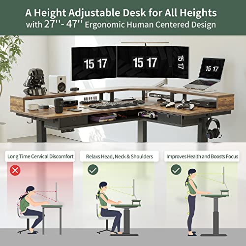 Image of FEZIBO L Shaped Standing Desk with LED Strip & 2 Drawers, Triple Motors Supports 330 lbs, Upper and Lower Storage Shelves Available, Electric Height Adjustable, for Home Office, Rustic Brown