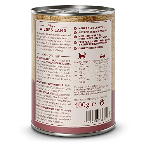Wildes Land - Nassfutter für Hunde - Nr. 5 Rind - 12 x 400 g - mit Süßkartoffeln, Heidelbeeren, Wildkräutern & Distelöl - Glutenfrei - Extra viel Fleisch - Beste Akzeptanz und Verträglichkeit