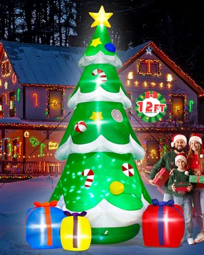 12FT Christmas Tree Inflatables Giant Blow Up Christmas Tree with Boxes Lighted Up Xmas Inflatables with Rotating Snowflake Lights for Xmas