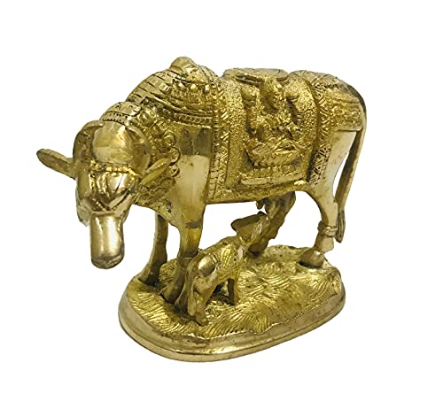 Brass Kamdhenu Cow With Calf Statue Laxmi Ganesha Brass Nandi Idol Kamadhenu For Good Luck, Prosperity Gift, Home Décor For Diwali Gifts Sculpture Statue Gold Polish Small Size- 5 Inch #TOP1