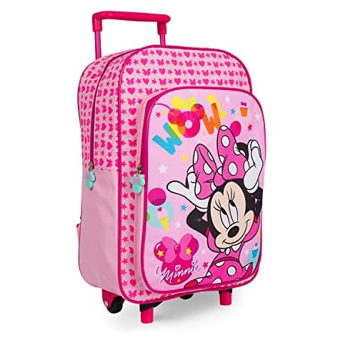 Disney Minnie Mouse Backpack with Detachable Wheels for Girls - Pink Minnie Mouse Carry on Rucksack for School Kindergarten and Travel - Fuchsia Trolley Backpack with Front Zipper Pocket - 36x24x12 cm Cover