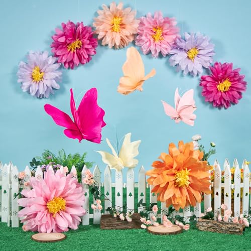 Image of SUNBEAUTY 12 PCS Giant Paper Flowers Large Butterfly Party Decorations Pink Orange Large Tissue Paper Flower for Wall Hanging Butterflies for Birthday Spring Garden Wedding Backdrop Bridal Shower