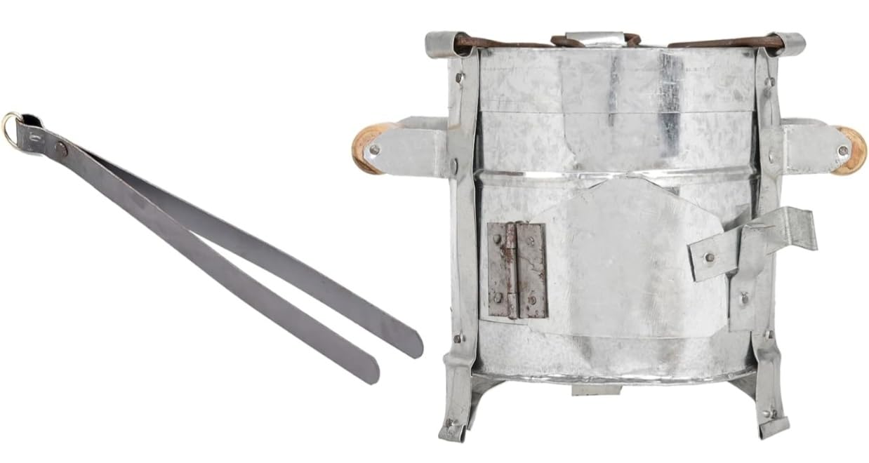Iron Angithi Sigdi (29 x 23 x 19 CM) Heavy Gauge With Smooth Edge Strong Stand Rivetted Rod Wooden Handle Traditional Chulha For Heating Cooking & Roasting with Heavy Duty Chimta (25 CM) 1pc-image-19