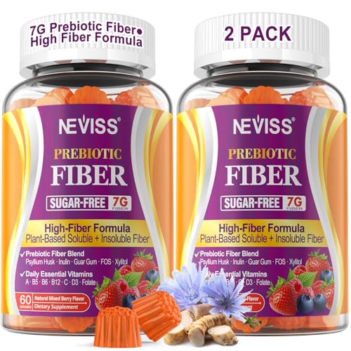 Fiber Gummies 7G for Adults with Psyllium Husk For GLP-1 Users Daily Prebiotic Fiber - Inulin FOS Guar Gum Methyl B12 Folate B6 for Gut & Digestive Health Regularity Support Sugar Free Pack of 2