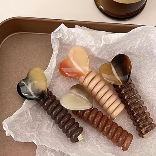 4 Piece Spiral Phone Cable Headbands, Heart Decor Phone Wire Hair Gums for Thick Hair, No Damage Coil Cable Gum, Accessories for women