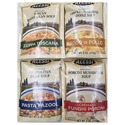 Alessi Athentic Italian Soup Mix 4 Flavor Variety Bundle: (1) Tuscan White Bean Soup, (1) Chicken Flavored Noodle Soup, (1) Porcini Mushroom Soup, and (1) Neapolitan Bean Soup, 4-6 Oz Ea