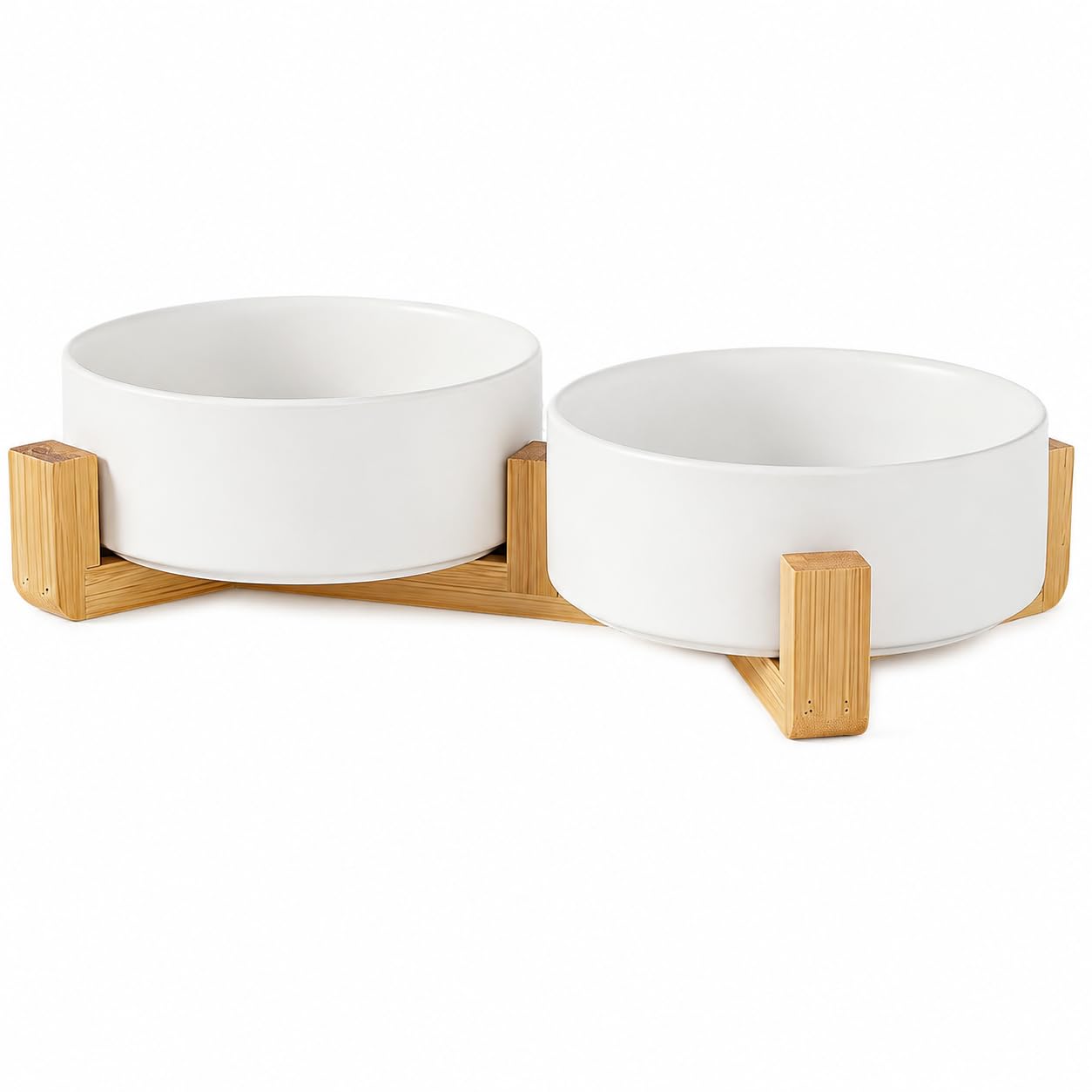 Ceramiczna miska na karmę dla kotów 2 x 850 ml, zestaw 2 szt. z podwyższonym stojakiem bambusowym | Białe miski z gładką glazurą, nie zawierają ołowiu i kadmu, do suchej karmy, wody, małych psów, kuchni i salonu