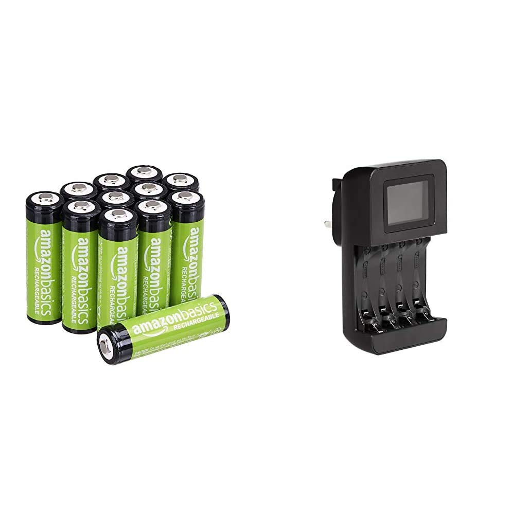 Amazon Basics AA Rechargeable Batteries 2000mAh (12-Pack) Pre-charged & Intelligent Digital Battery Charger for 4 AA, AAA