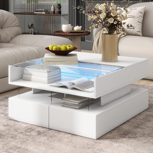 SOFTSEA Lift Top Coffee Table with 2 Drawers & LED Lights, Square Glass Center Table with Hidden Storage for Living Room, White