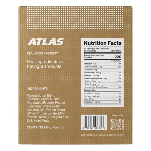 Image of Atlas Real Food High Protein Bars - 20g Protein, 1g Sugar, Clean Ingredients, High Fiber, Low Sugar Snack Bar, No Seed Oils, No Artificial Sweeteners (Salted Peanut Butter, 12 Count)