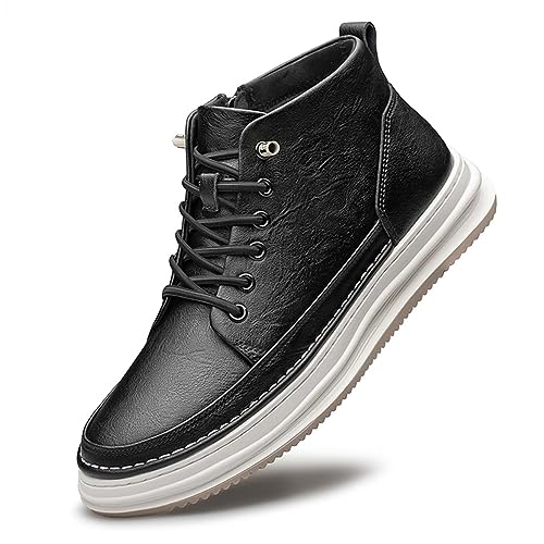 SECHRITE Mens Elevator Boots Mid-top Invisible Height Increasing Elevator Shoes 2.4 Inches Taller Leather Casual Boots