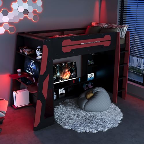 Image of Harper & Bright Designs Twin Size Wood Loft Bed with Desk and Multi-Storage Shelves, Wooden Gaming Loft Bed Frame with RGB Light, Space-Saving Bed with Safety Guardrail, Red