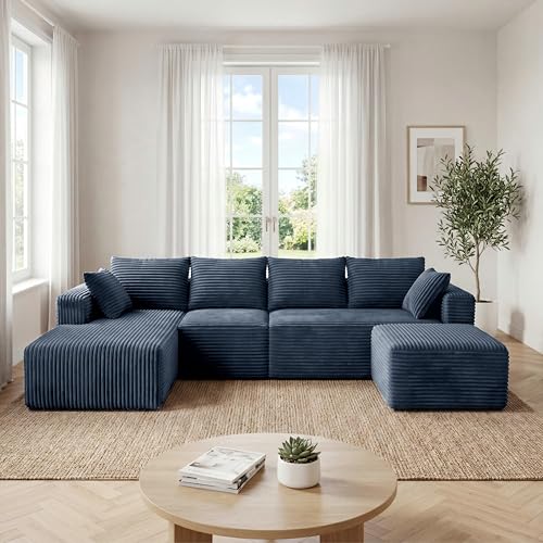 Image of 118 inch Modular Sectional Sofa with Chaise and Ottoman,Oversized U-Shaped Corduroy Cloud Couch,Deep Seat Boneless Couch for Living Room,No-Assembly,Blue (Left Facing Chaise)