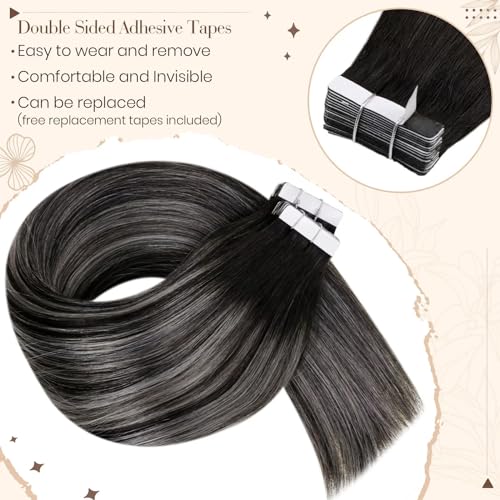Hetto Tape Hair Extensions Human Hair Balayage Black Ombre Silver 24 Inch, Easy Wear Real Hair Tape in Extensions - Image 3