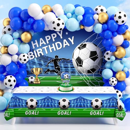 Heboland 113pcs Kit Arco Palloncini Compleanno Calcio, Decorazione per Festa Football Blu | Arco Palloncini Blu, Tovaglia, Striscione Compleanno, Decorazione Torta Feste a Tema