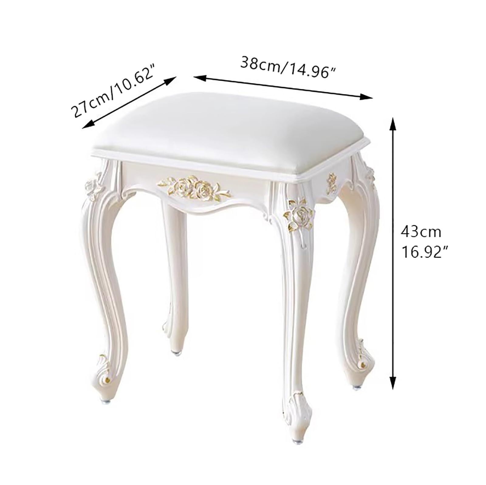 Eleganter, weißer Leder-Bank, stilvoll, gepolsterter Make-up-Hocker, schicker Ankleidestuhl für Schlafzimmer und Wohnzimmer, modernes geschnitztes Design, perfekte Wohnmöbel für Make-up und