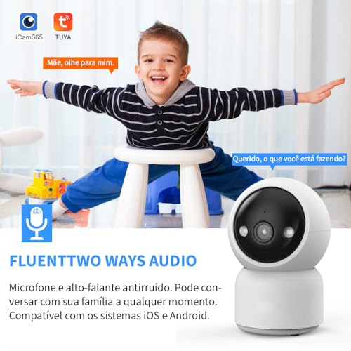 Camera de Segurança Wifi, Camera Inteligente Sem Fio para Interior, Visão Noturna Infravermelha, Cha