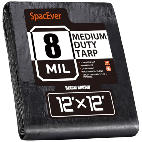 12x12 FT Tarp Waterproof 8 Mil Poly Tarps Medium Duty Waterproof, UV Resistant & Rip Tear Resistant, Multipurpose Protective Cover with Grommets Reversible for Home Boats Cars Plants Black/Brown