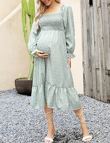 Coolmee Women's Maternity Long Sleeve Square Neck Fall Ruffle Dress Smocked Casual Flowy Maxi Dress Baby Shower Photoshoot Long Sleeve Light Green Floral L #TOP3